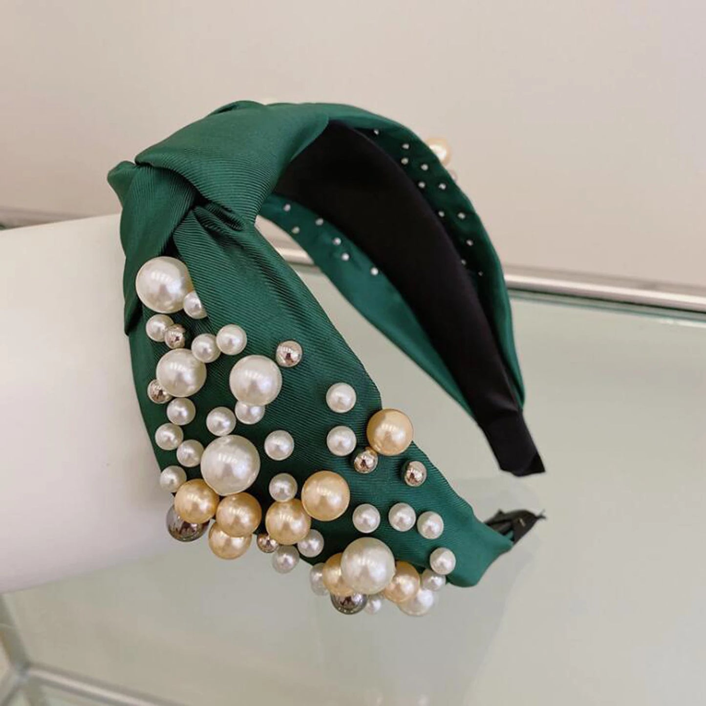 Fashion Women Hair Accessories Wide Side Headband Mix Pearls Baroque Hairband For Adult Center Knot Headwear