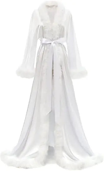 Women's Satin Robe Fur Luxurious Bathrobe Sleepwear Feather Robe with Belt