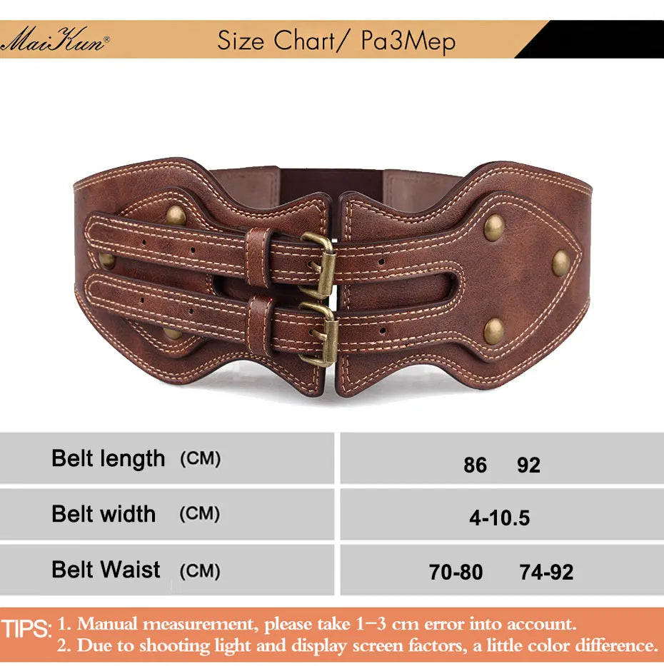 Crazy Horse Leather Double Pin Buckle Women's Elastic Wide Belt All-match Women's Coat Girdle