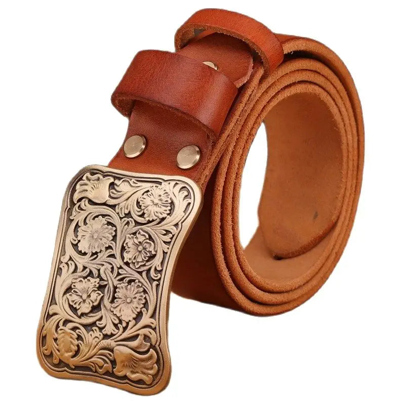 Solid brass flower buckle belt full grain cowhide leather high quality vintage
