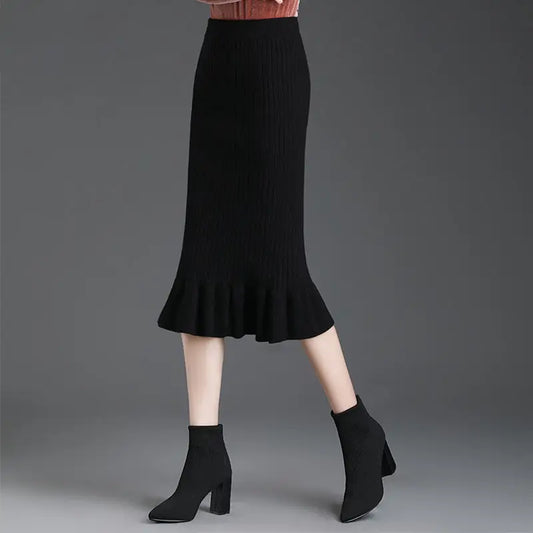 Knitted High Waist Ruffles Mermaid Skirt