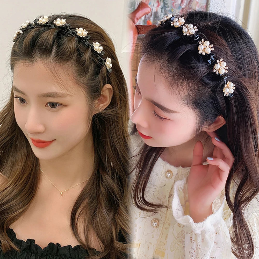 Double Layer Bands Clip Hairbands Fashion Plastic Braided Headband Knitting Women's Headwear Hair Accessories Pearl