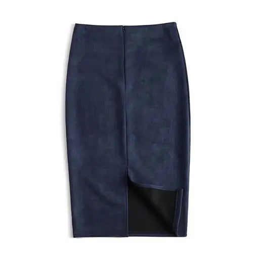 Suede  Knee Length High Waist Office Skirt