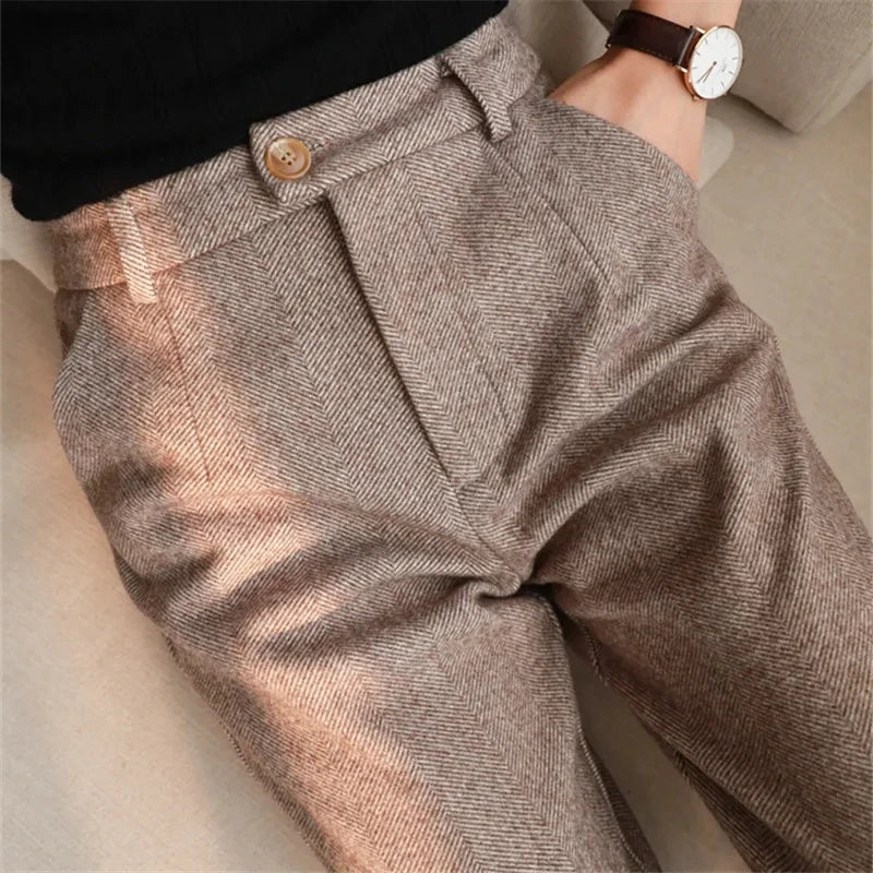 Wool Pants Women's Pencil Pants Autumn Winter High Waisted Casual Suit Pants Office Women Trousers