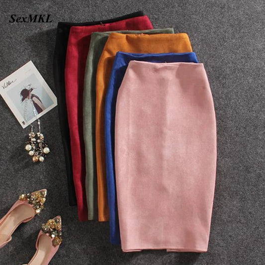 Suede  Knee Length High Waist Office Skirt