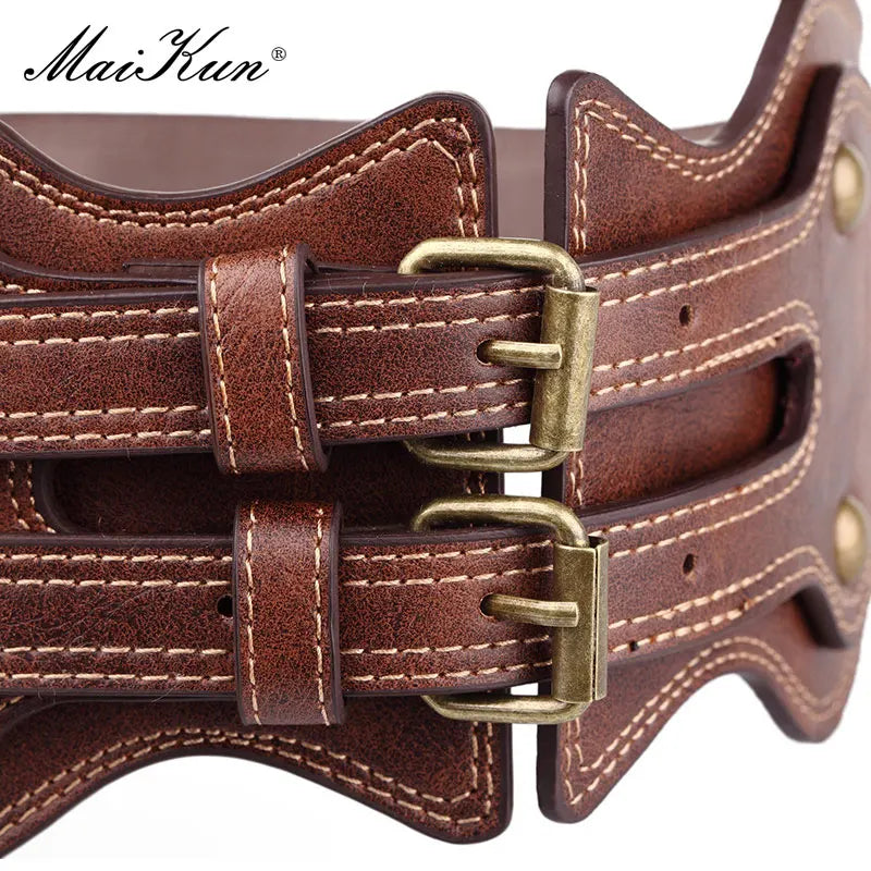 Crazy Horse Leather Double Pin Buckle Women's Elastic Wide Belt All-match Women's Coat Girdle