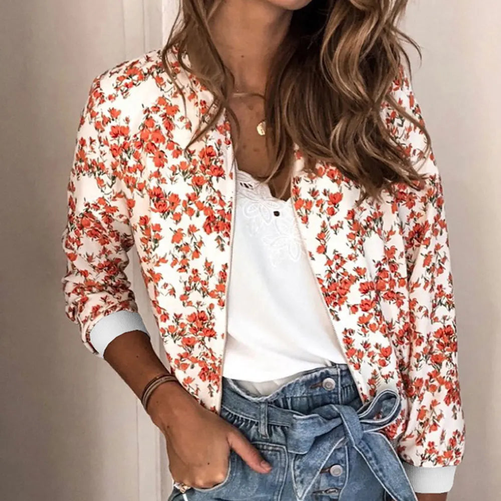 Women Elegant Zipper Bomber Jacket Floral Printed Jackets Office Wear Coat Retro Outwear