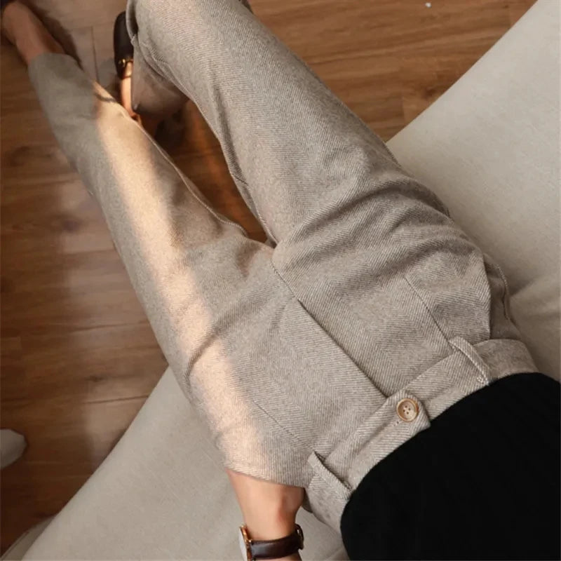 Wool Pants Women's Pencil Pants Autumn Winter High Waisted Casual Suit Pants Office Women Trousers