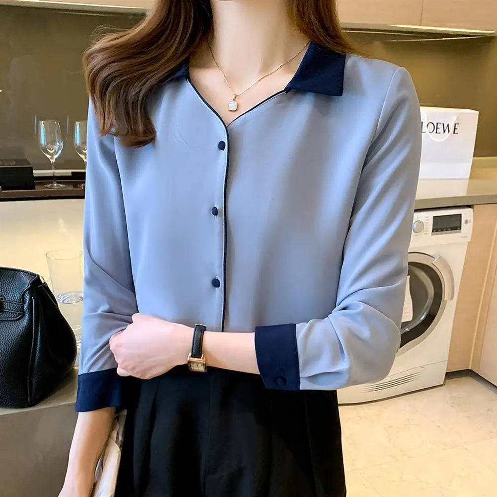 Solid Basic Chiffon Shirts Long Sleeve Lapel Blouse