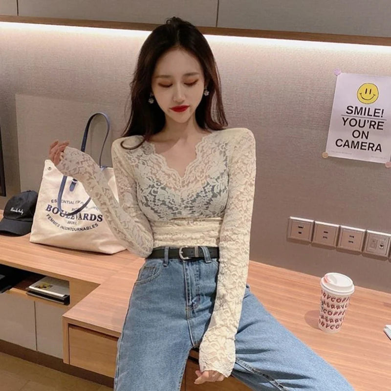 Lace Blouses  Casual Long Lace Sleeve V-Neck