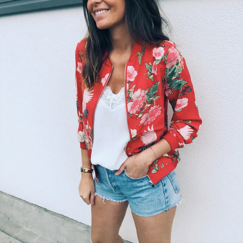 Women Elegant Zipper Bomber Jacket Floral Printed Jackets Office Wear Coat Retro Outwear