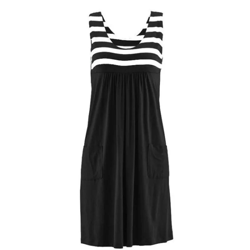 Fashion striped dress  summer dress  loose simple sleeveless dress women's clothing Pockets
