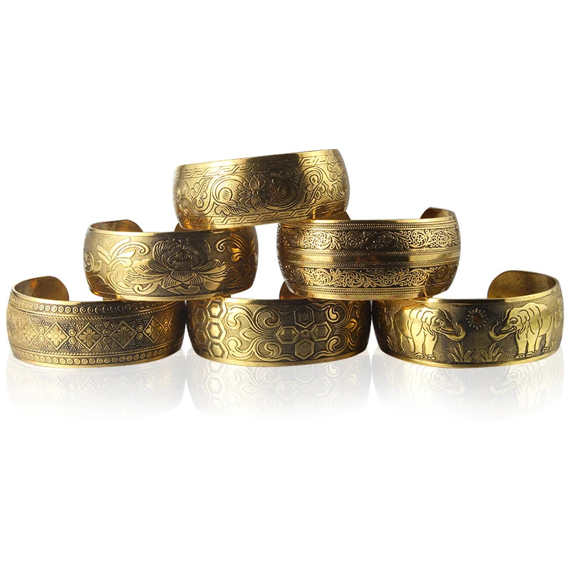 Gypsy Bohemian Vintage Tibetan Bronze Metal Carving Flower Elephant Cuff Bracelets & Bangles For Women Jewelry