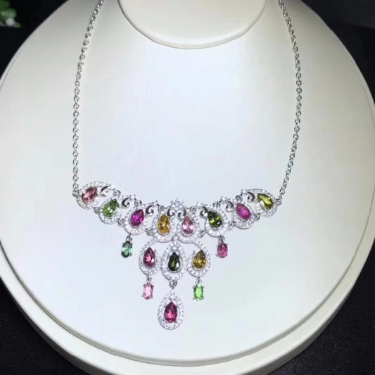 Tourmaline Multicolor Gemstone Pendant Necklace 925 Sterling Silver Jewelry Necklace
