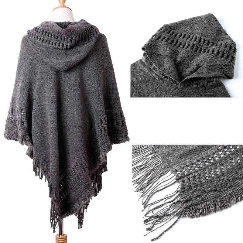 Ladies Tassel Cape Coat Fringe Poncho Oblique Stripe Coat Bohemian Shawl Scarf