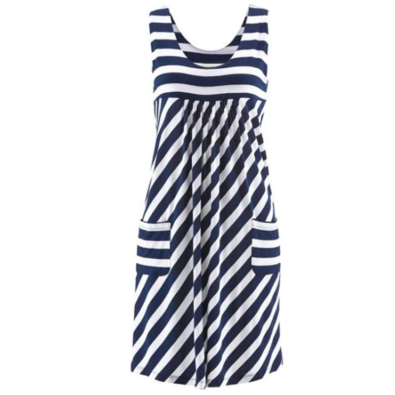 Fashion striped dress  summer dress  loose simple sleeveless dress women's clothing Pockets