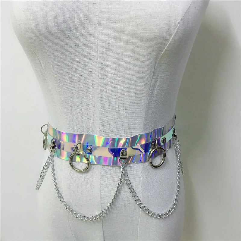 Shiny Faux Leather Harness Belt Dazzle Color Holographic Silver Metal Punk Chain