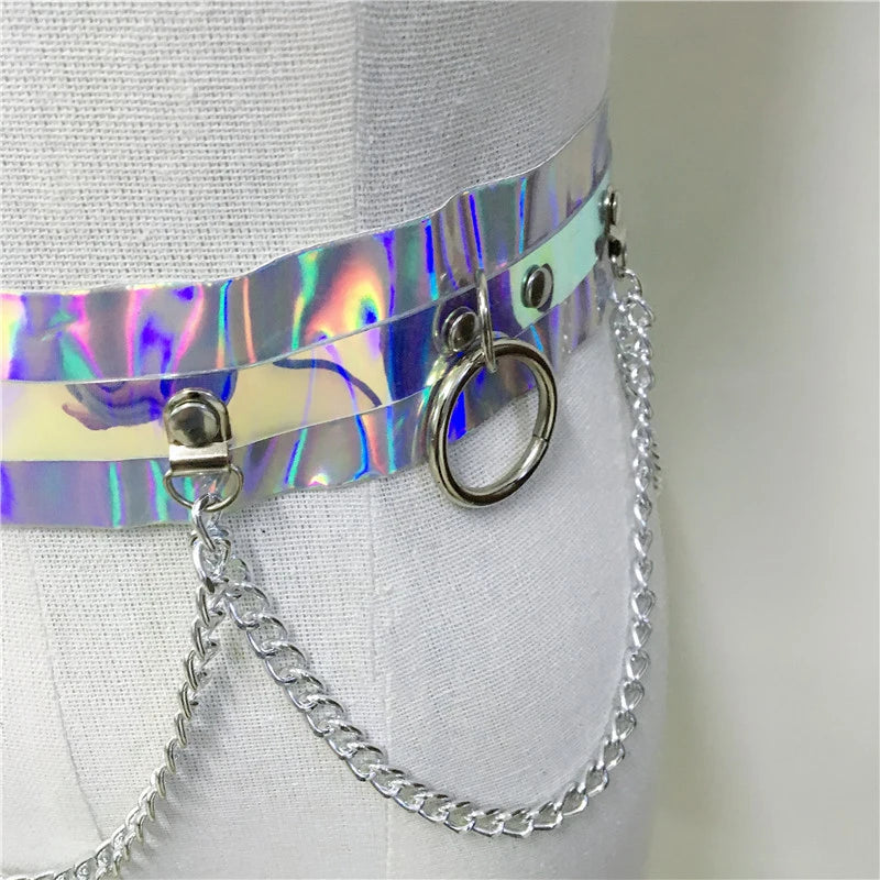 Shiny Faux Leather Harness Belt Dazzle Color Holographic Silver Metal Punk Chain