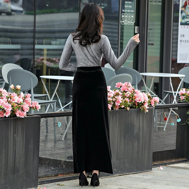 Velvet Maxi Skirt, High Waist, Long, Maxi, Straight