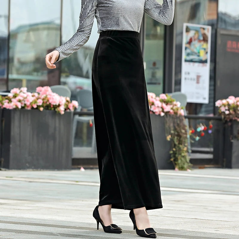 Velvet Maxi Skirt, High Waist, Long, Maxi, Straight