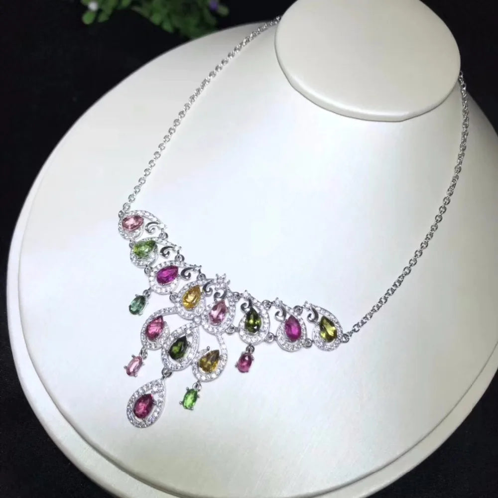 Tourmaline Multicolor Gemstone Pendant Necklace 925 Sterling Silver Jewelry Necklace