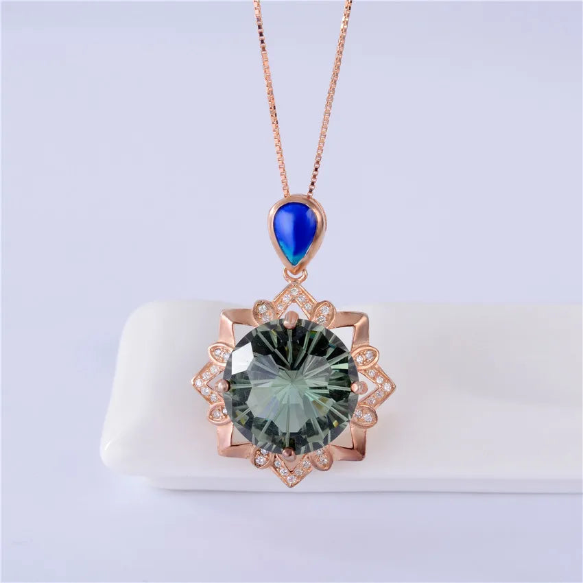 Malachite Cubic Zirconia Pendant 925 Sterling Silver Rose Gold Color Necklace