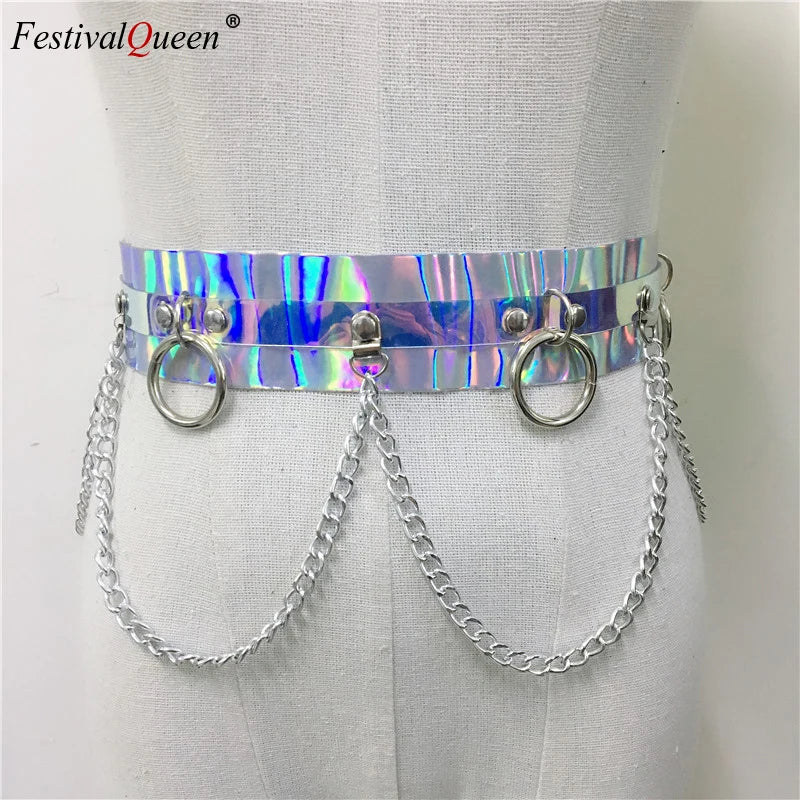 Shiny Faux Leather Harness Belt Dazzle Color Holographic Silver Metal Punk Chain