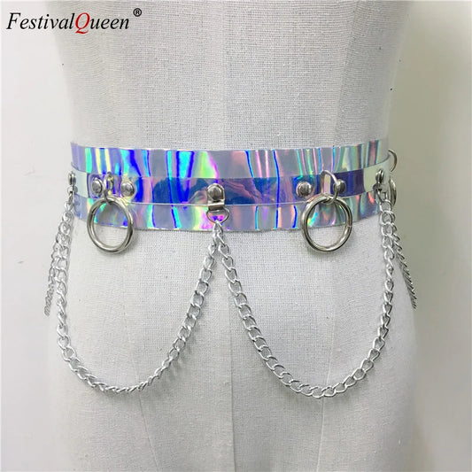 Shiny Faux Leather Harness Belt Dazzle Color Holographic Silver Metal Punk Chain