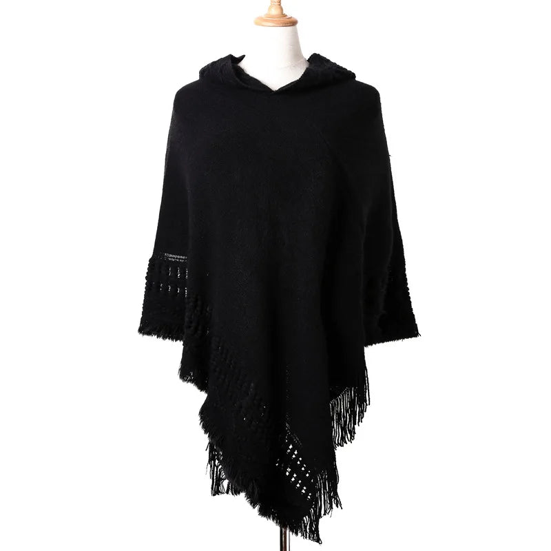Ladies Tassel Cape Coat Fringe Poncho Oblique Stripe Coat Bohemian Shawl Scarf