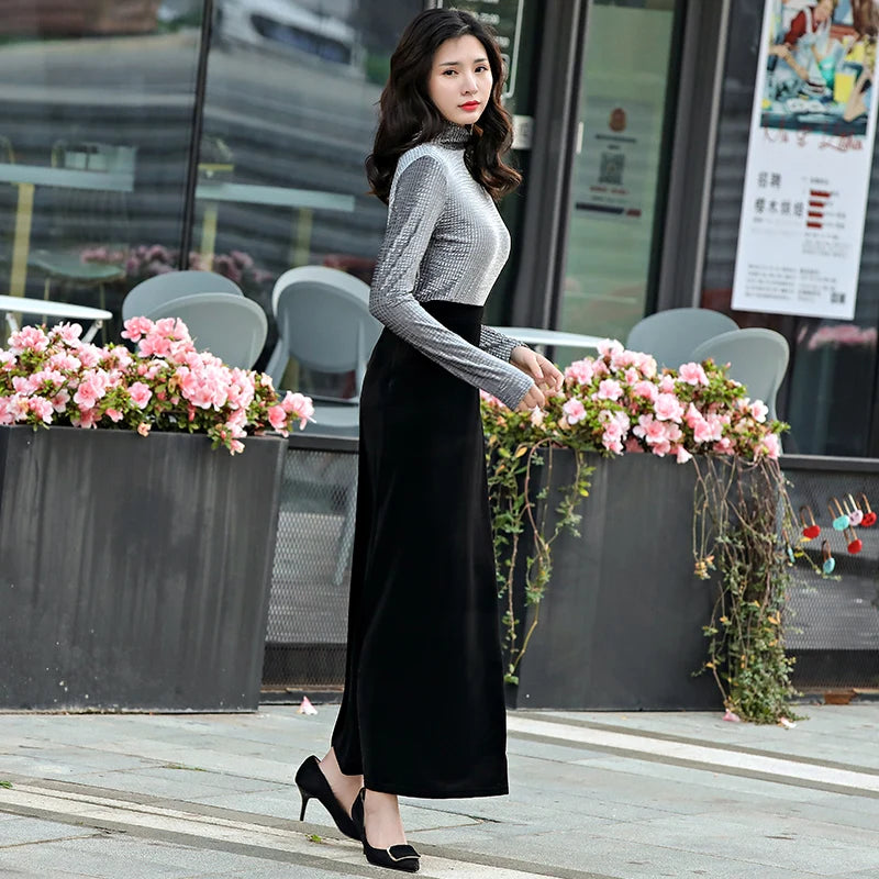 Velvet Maxi Skirt, High Waist, Long, Maxi, Straight