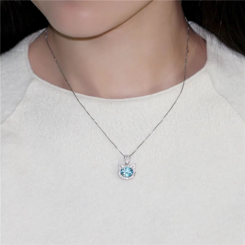2ct Blue Topaz Cat Necklace Long Pendant Crystal Chain  Silver 925