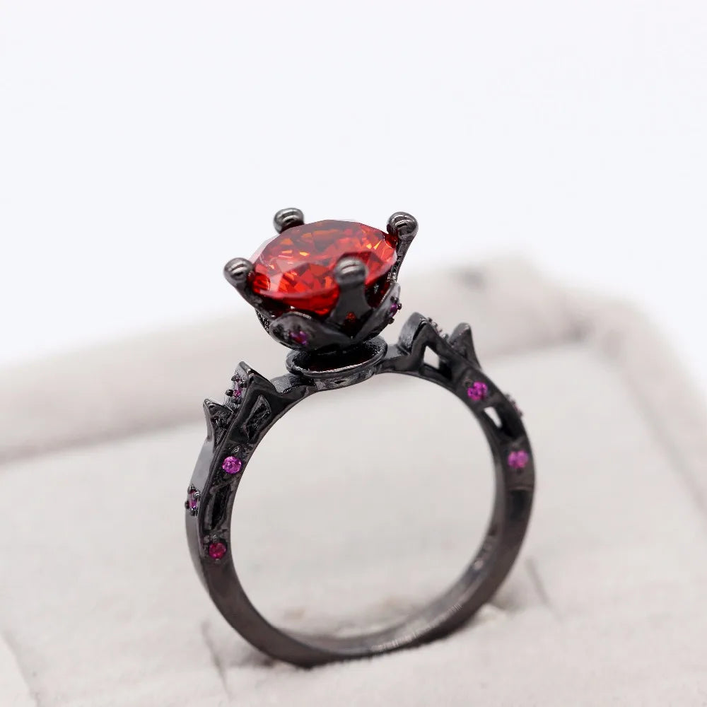 Black Rings Cubic Zirconia Red Stone