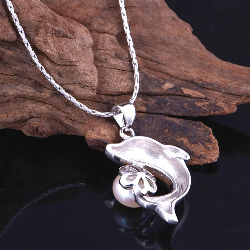 Simulated Pearl Choker Silver Dolphin Necklace