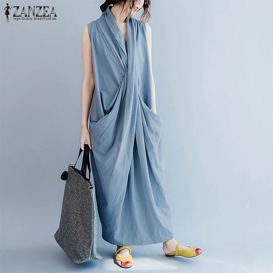 Oversize Asymmetrical Maxi Dress Summer Women's Sundress Female V Neck