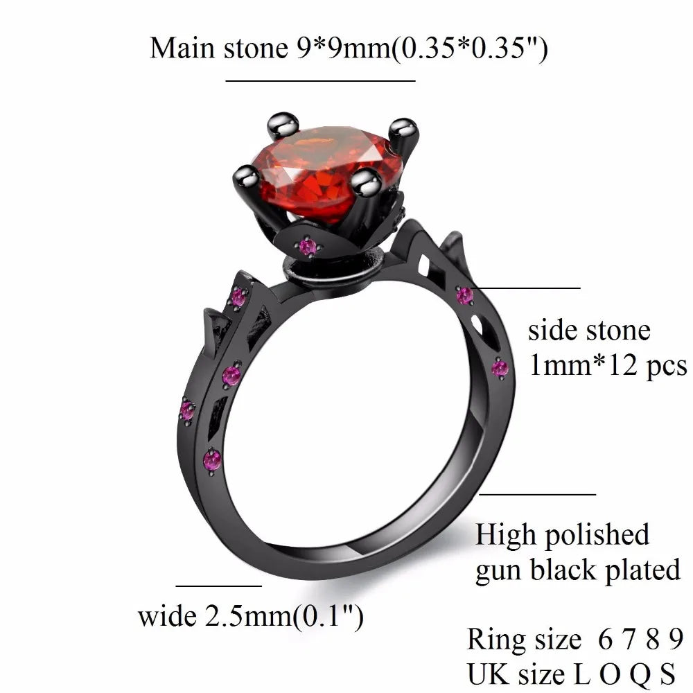 Black Rings Cubic Zirconia Red Stone