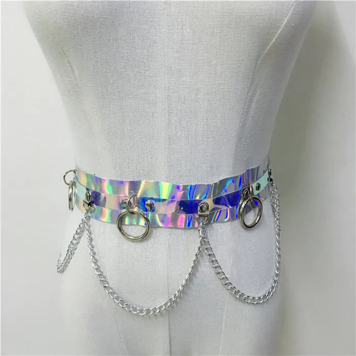Shiny Faux Leather Harness Belt Dazzle Color Holographic Silver Metal Punk Chain