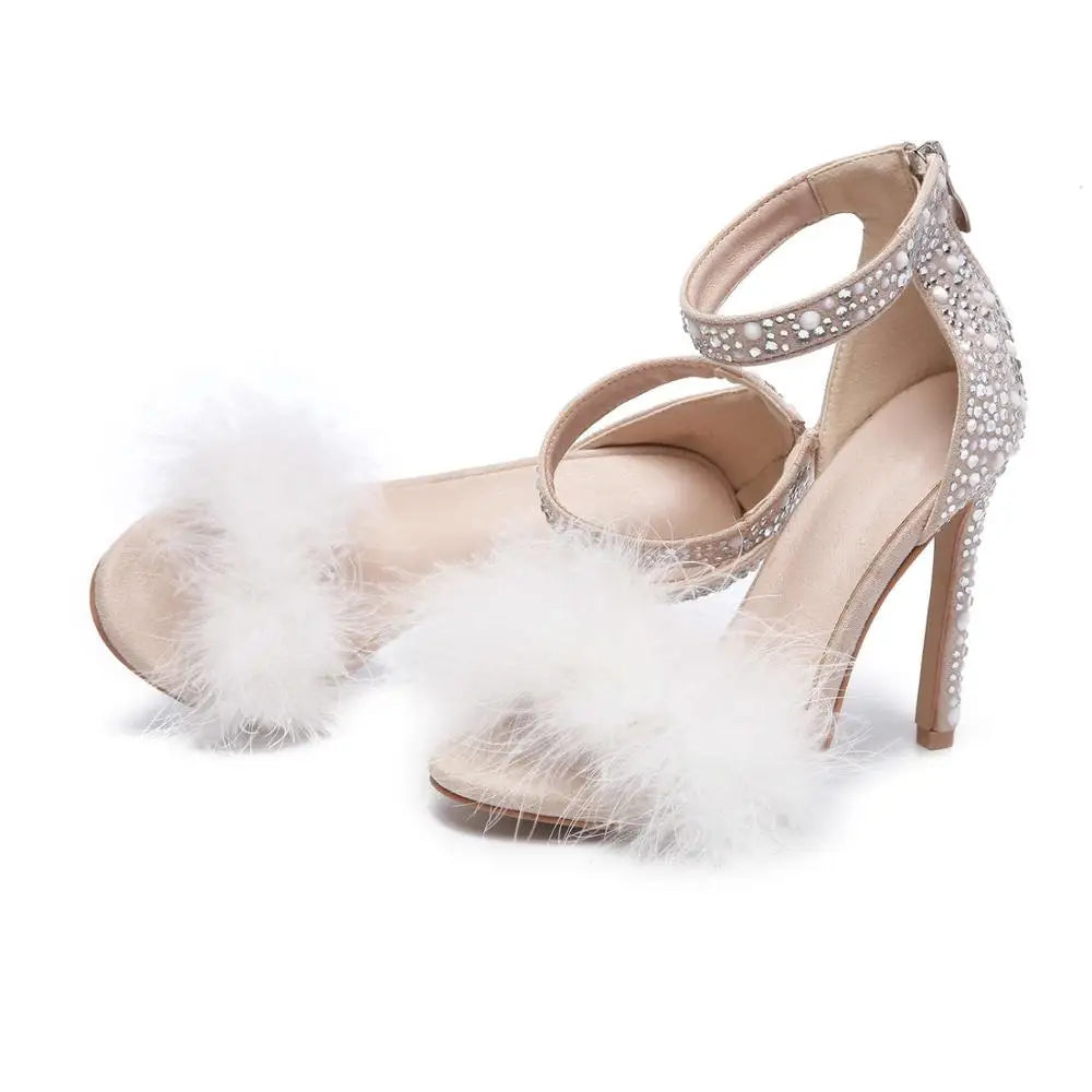 Sweet Summer Sandals High Heels Sexy Fluffy Feather Fringe Crystal Sandals