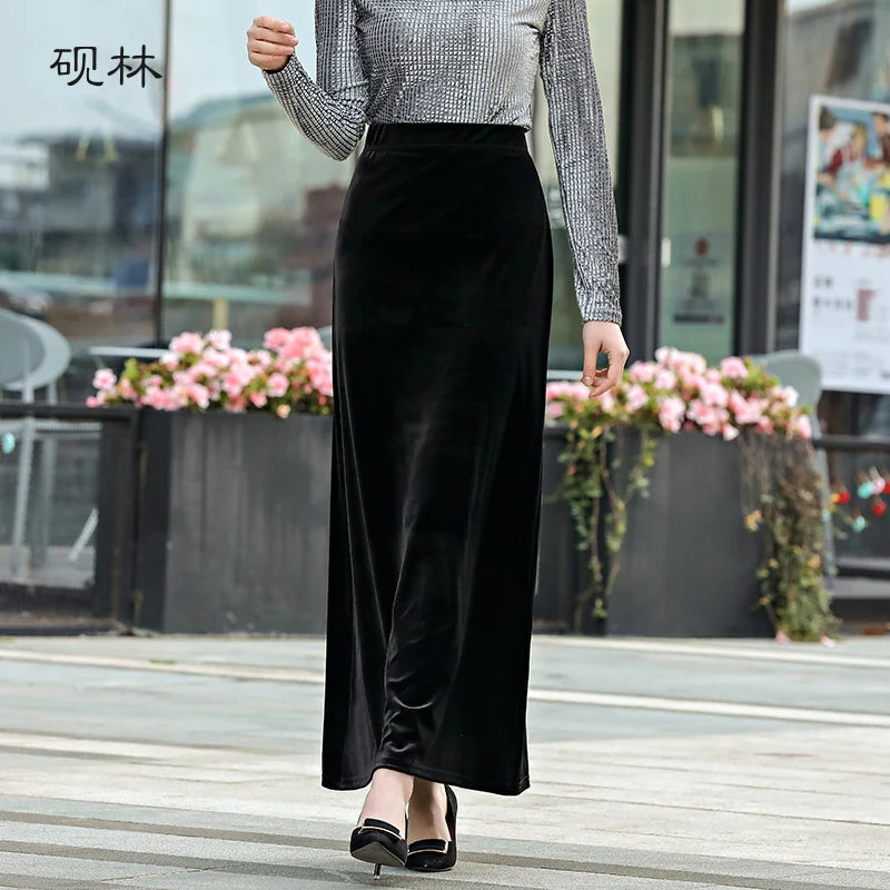 Velvet Maxi Skirt, High Waist, Long, Maxi, Straight