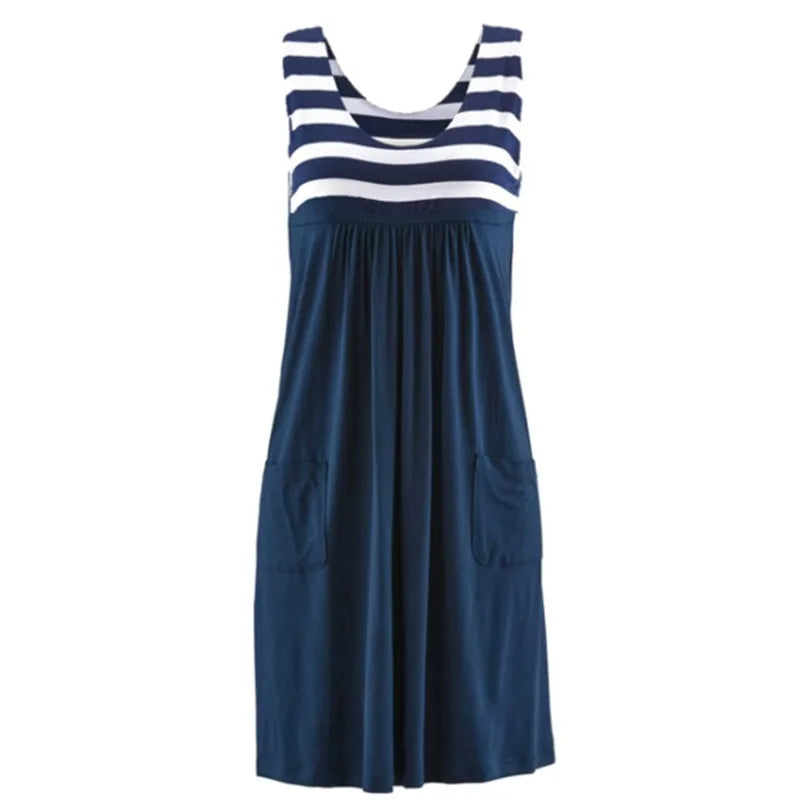 Fashion striped dress  summer dress  loose simple sleeveless dress women's clothing Pockets