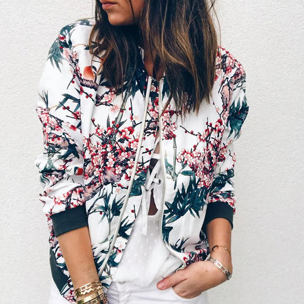 Women Elegant Zipper Bomber Jacket Floral Printed Jackets Office Wear Coat Retro Outwear