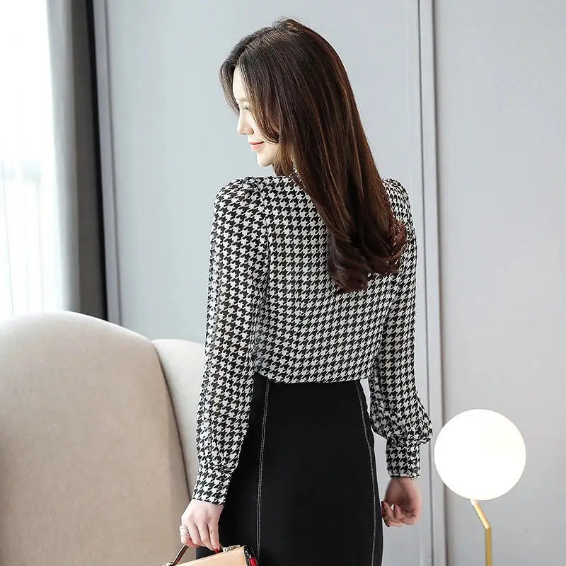 Vintage Houndstooth Printed Bow  V-Neck Pullovers