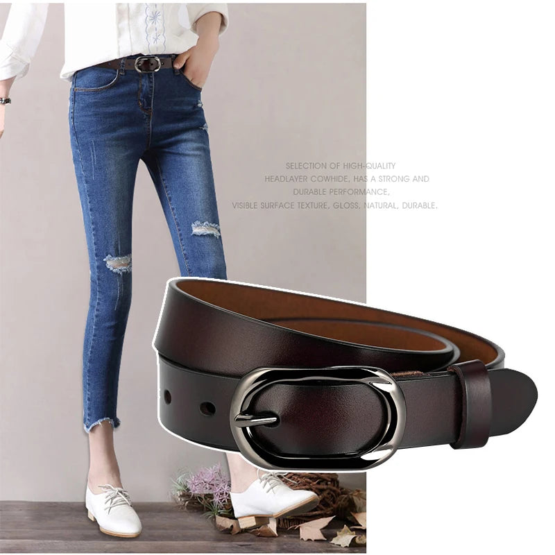 Leather Belt Hard Metal Buckle Natural Cowhide 2.3cm Thin