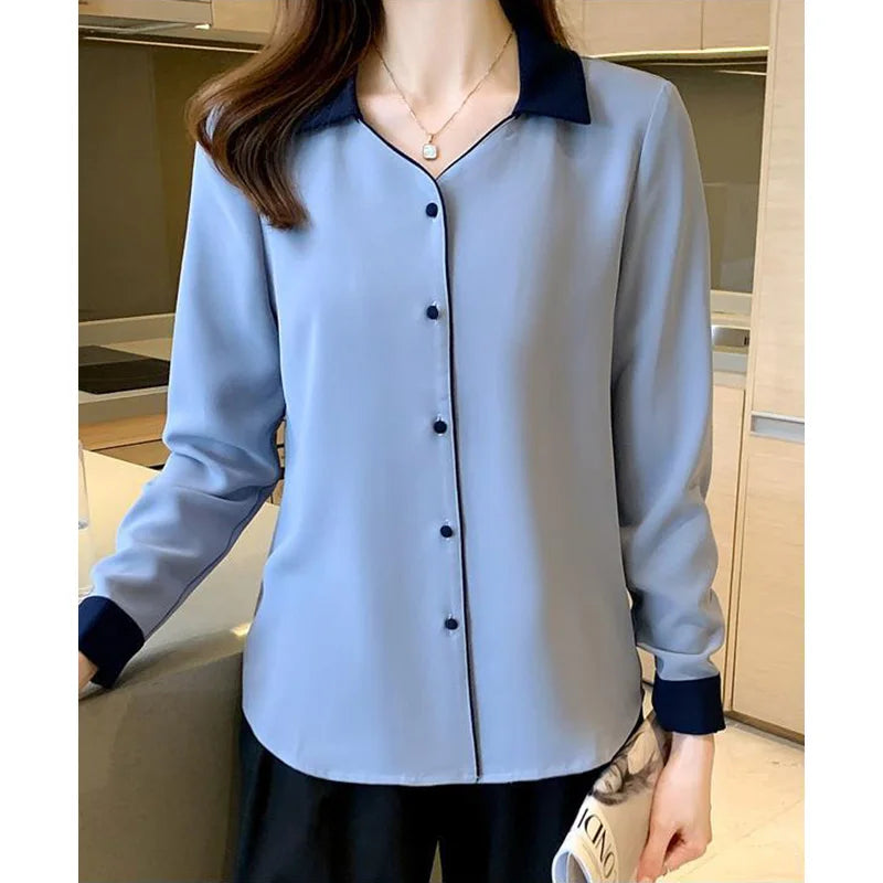 Solid Basic Chiffon Shirts Long Sleeve Lapel Blouse
