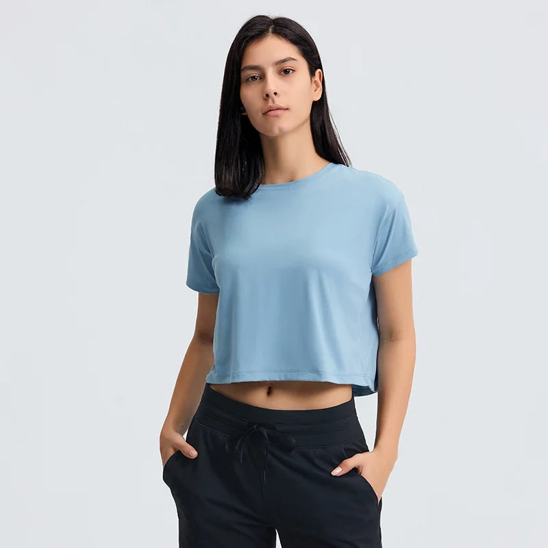 Loose Blouses Women Seamless Sport t-Shirts  Yoga Crop Top Short Sleeve Running Shirts Solid Quick Dry Fitness Gym Crop Tops