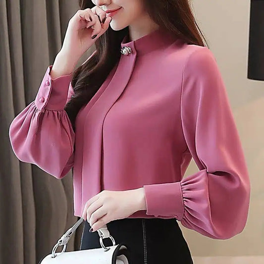 Solid Stand Collar Chiffon Shirt Office  Lantern Sleeve Loose Oversized Blouse