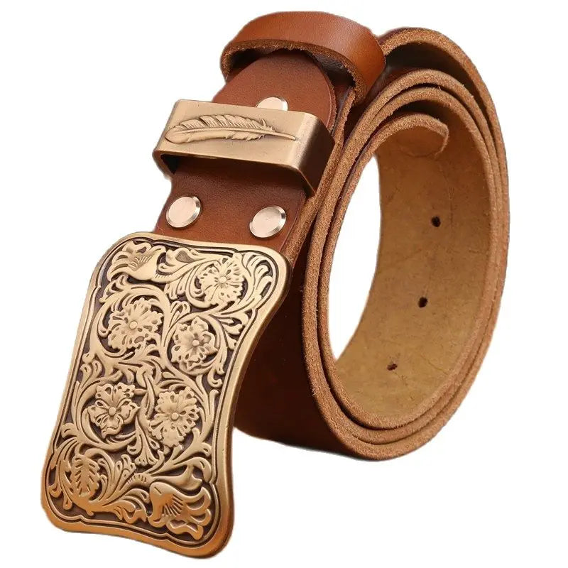 Solid brass flower buckle belt full grain cowhide leather high quality vintage