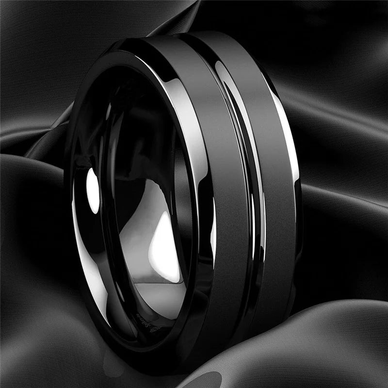 8mm Men Rings Jewelry Black Groove Matte Stainless Steel Wedding Rings Jewelry