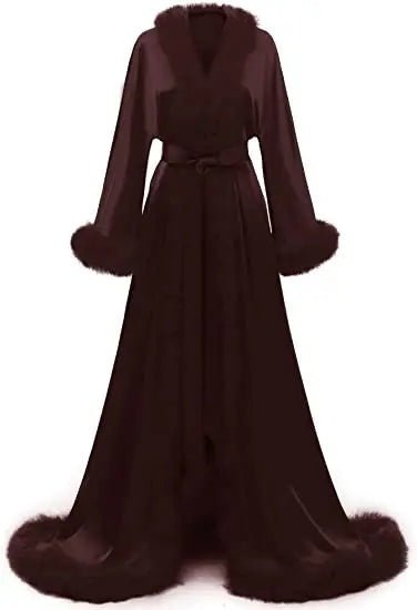 Women's Satin Robe Fur Luxurious Bathrobe Sleepwear Feather Robe with Belt