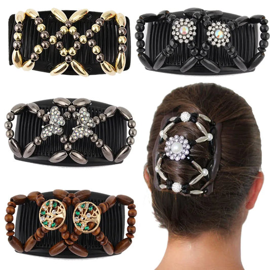 Beads Hair Combs Shiny Rhinestone Beaded Hair Claws Magic Tuck Comb Updo Accessories Elastic Headwear Bun Ponytail Holder