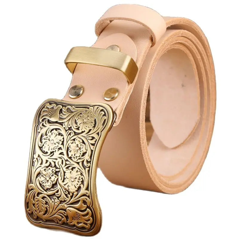 Solid brass flower buckle belt full grain cowhide leather high quality vintage
